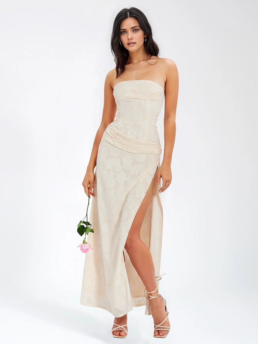 Tia Off White High Slit Maxi Dress  HOUSE OF SHE