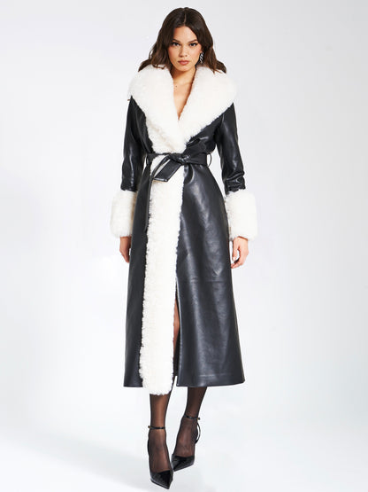 Zaida White Faux Fur Trim Black Vegan Leather Coat