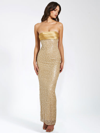 Lainey Gold Satin Sequin Pearls Beaded Maxi Dress