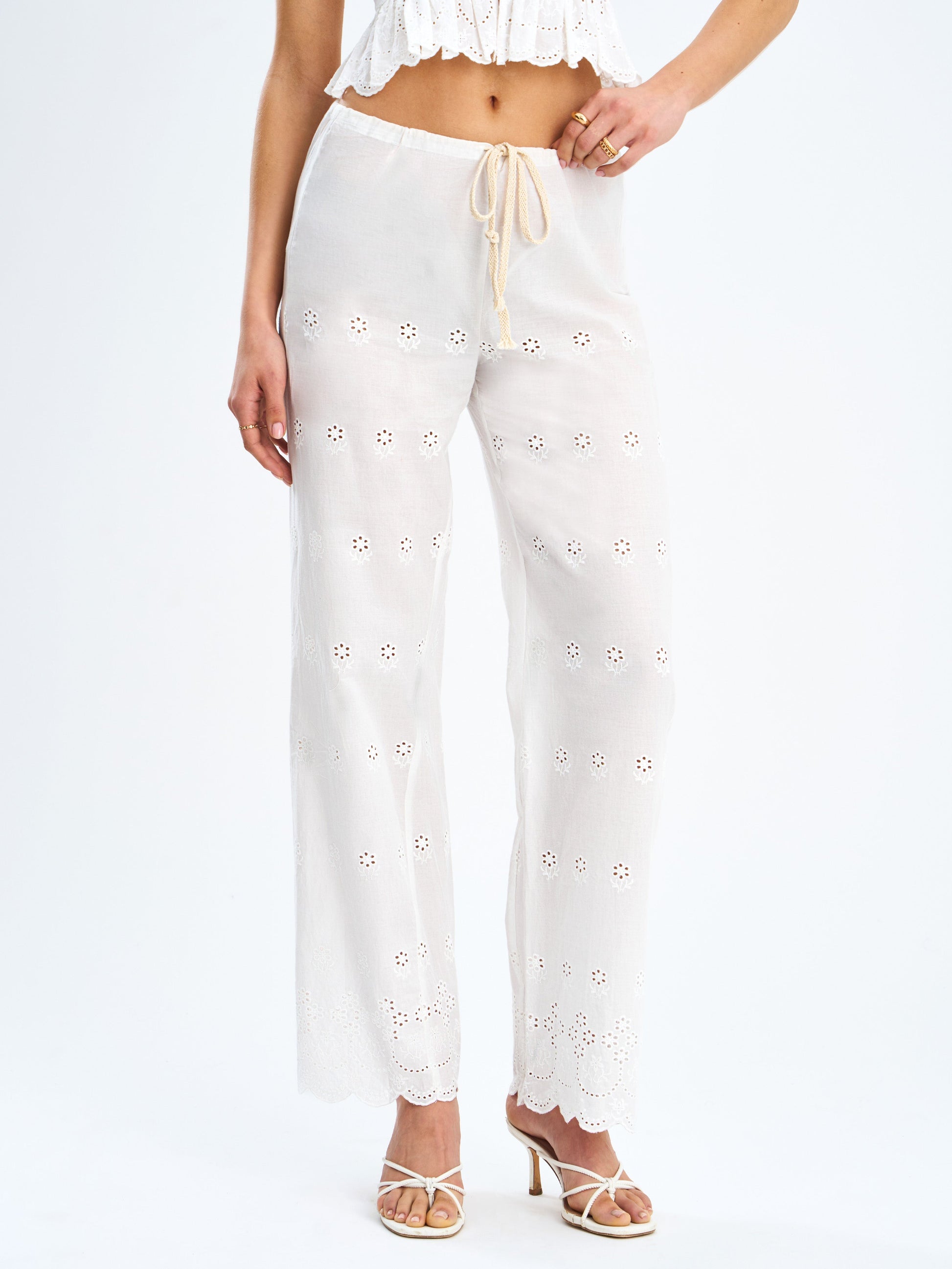 Raina White Cotton Eyelet Straight Pants - HOUSE OF SHE