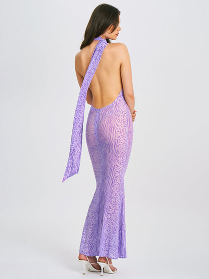 Olena Purple Velvet Animal Print Mesh Halter Maxi Dress