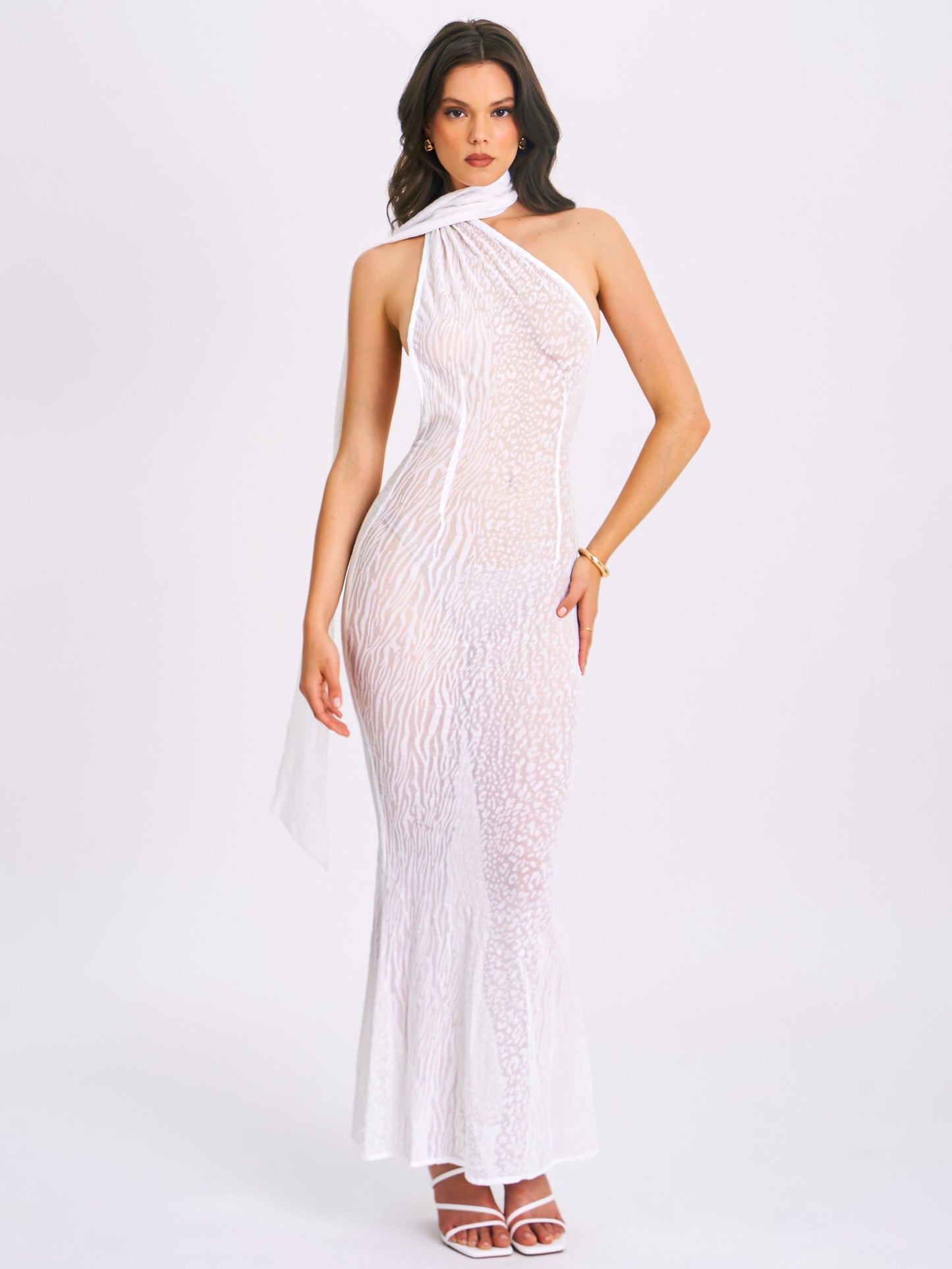 Olena White Velvet Animal Print Mesh Halter Maxi Dress