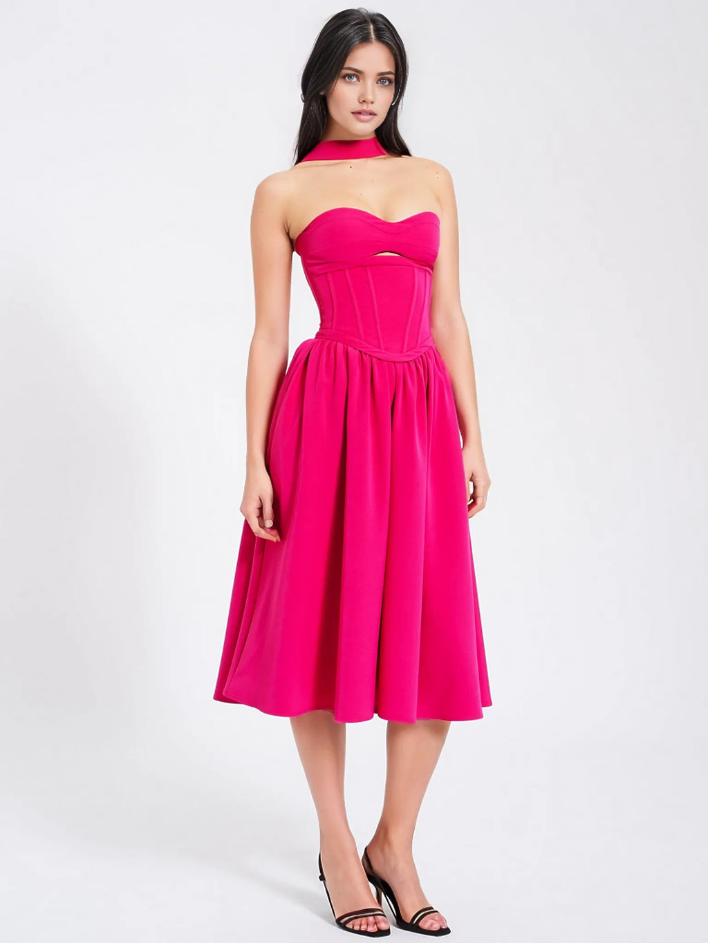 Maia Fuchsia Halter Neck Corset Midi Sundress  HOUSE OF SHE