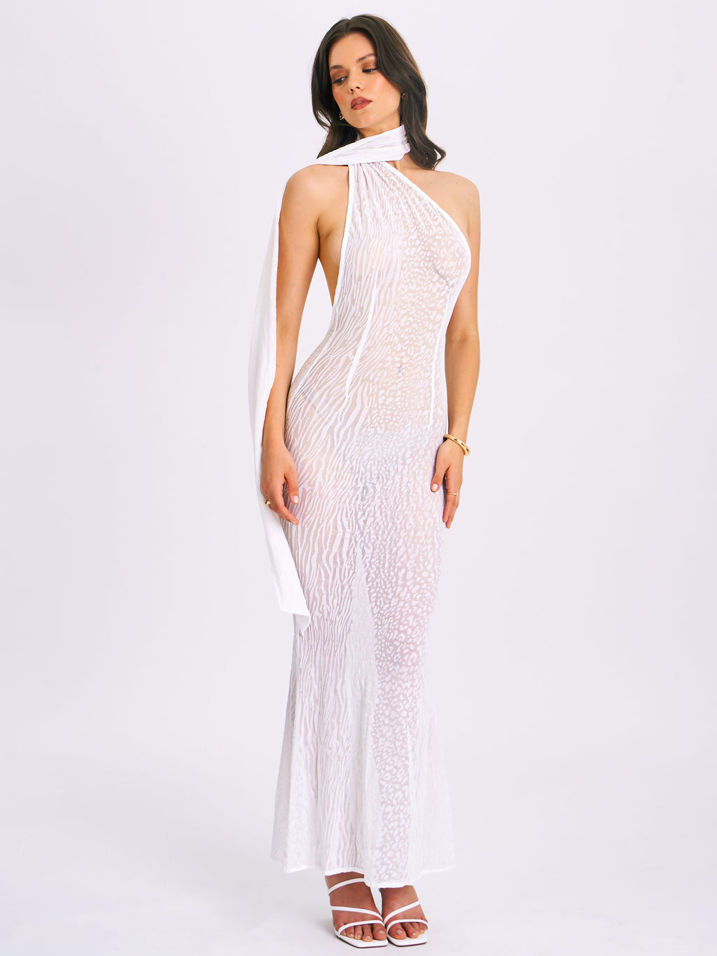 Olena White Velvet Animal Print Mesh Halter Maxi Dress - HOUSE OF SHE