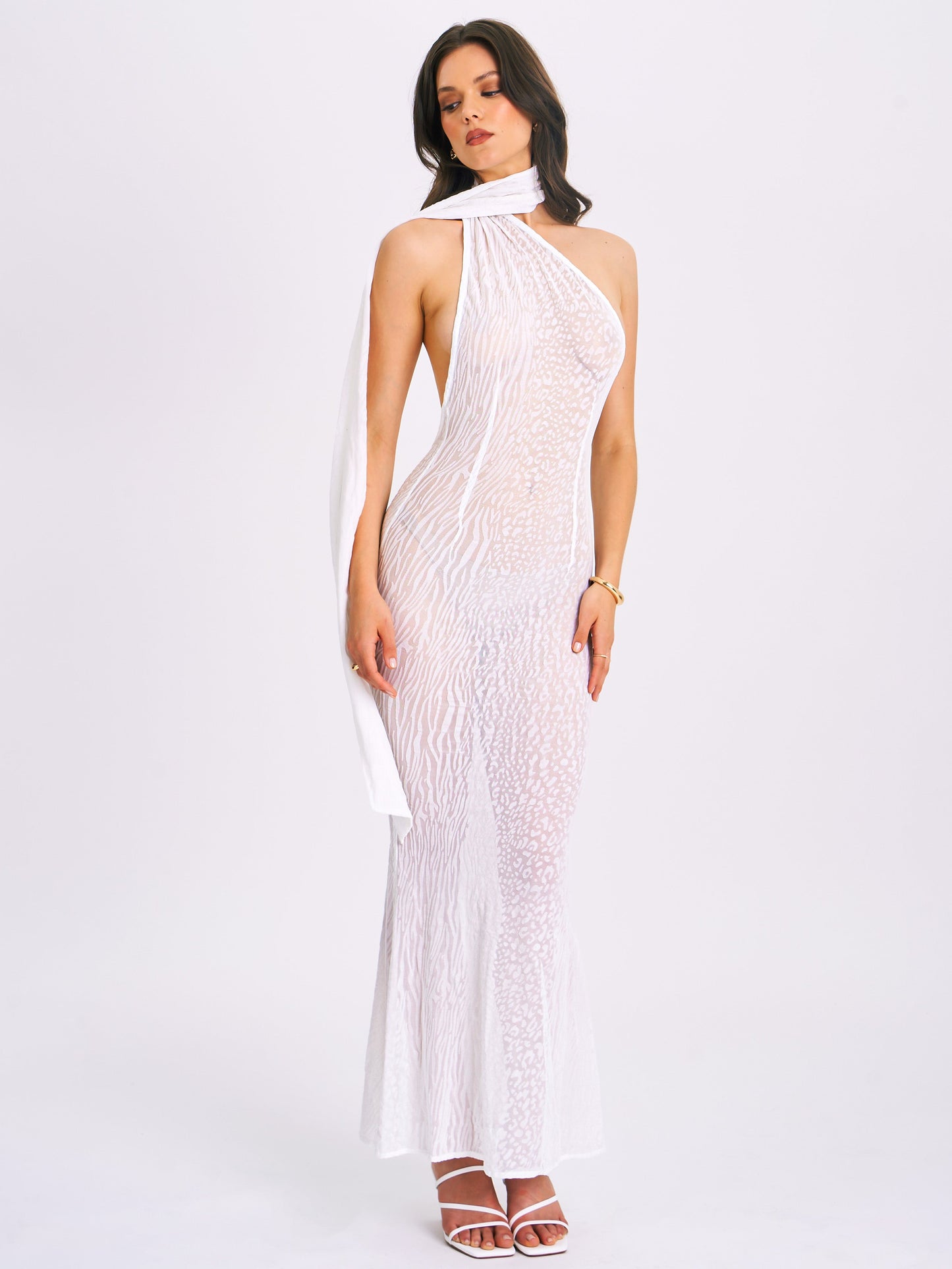 Olena White Velvet Animal Print Mesh Halter Maxi Dress