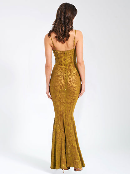 Lani Gold Burnout Velvet Detail Mesh Maxi Dress