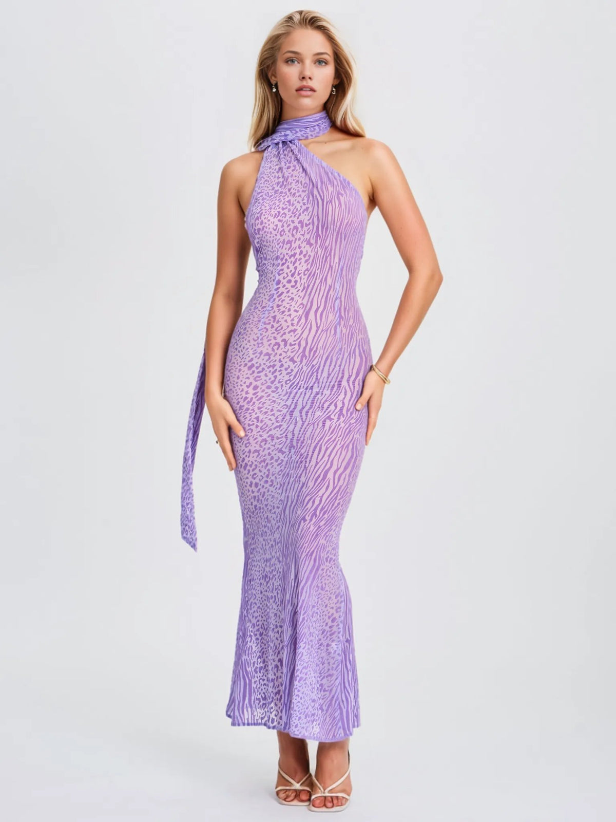 Olena Purple Velvet Animal Print Mesh Halter Maxi Dress - HOUSE OF SHE