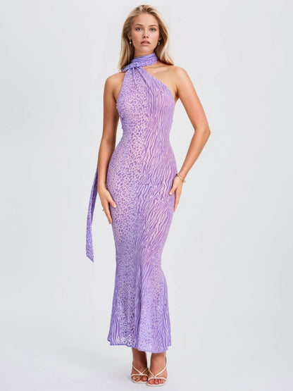 Olena Purple Velvet Animal Print Mesh Halter Maxi Dress