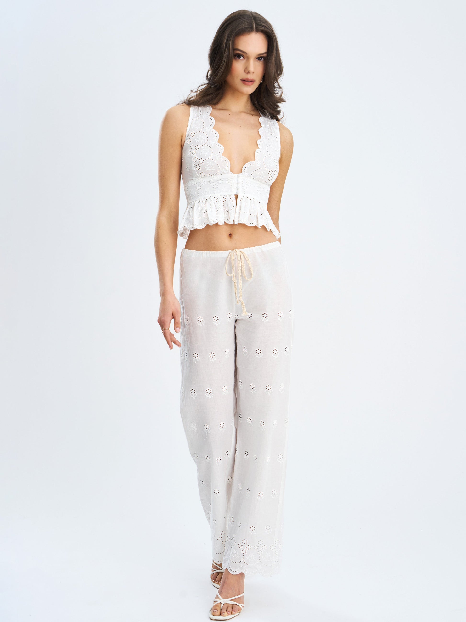 Raina White Cotton Eyelet Straight Pants - HOUSE OF SHE