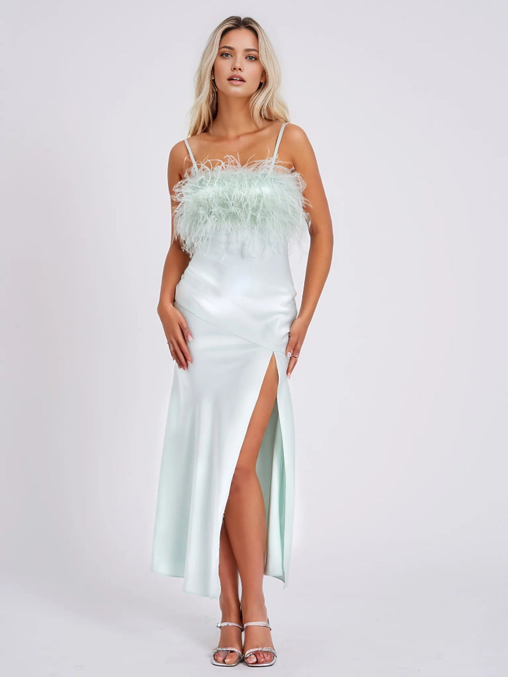 Yanira Mint Feather High Slit Satin Maxi Dress  HOUSE OF SHE