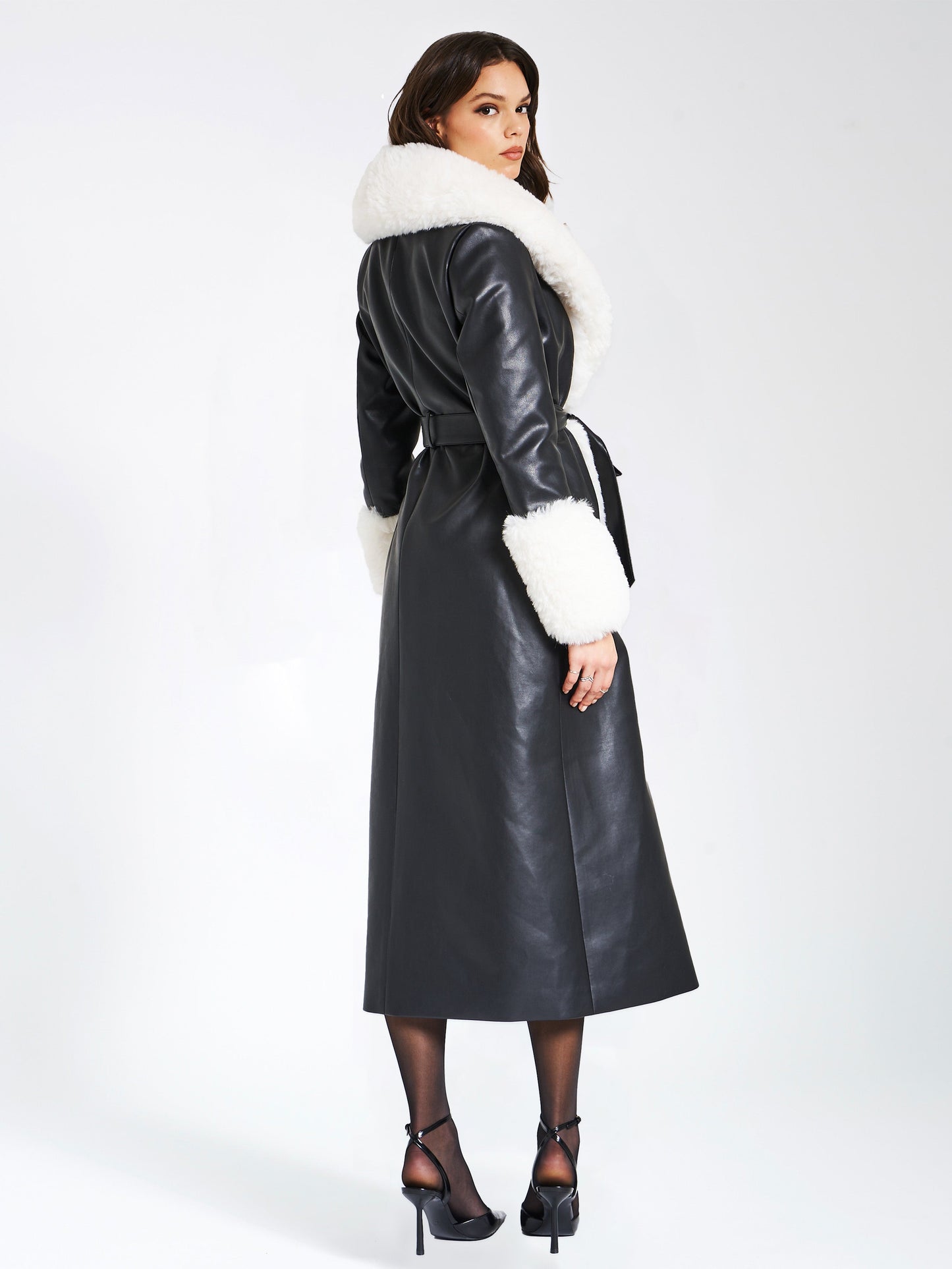 Zaida White Faux Fur Trim Black Vegan Leather Coat