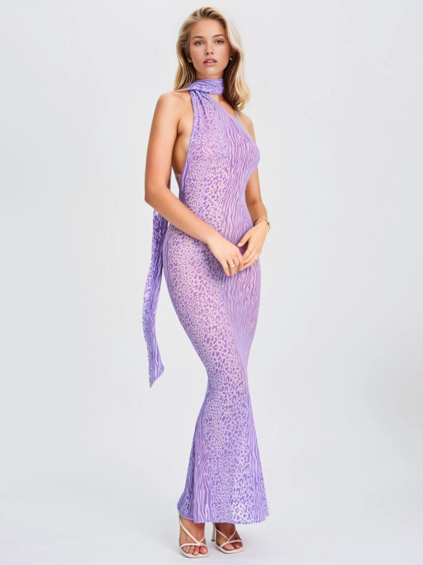 Olena Purple Velvet Animal Print Mesh Halter Maxi Dress