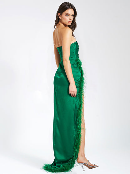 Perrin Emerald Green Feather Dress High Slit Gown