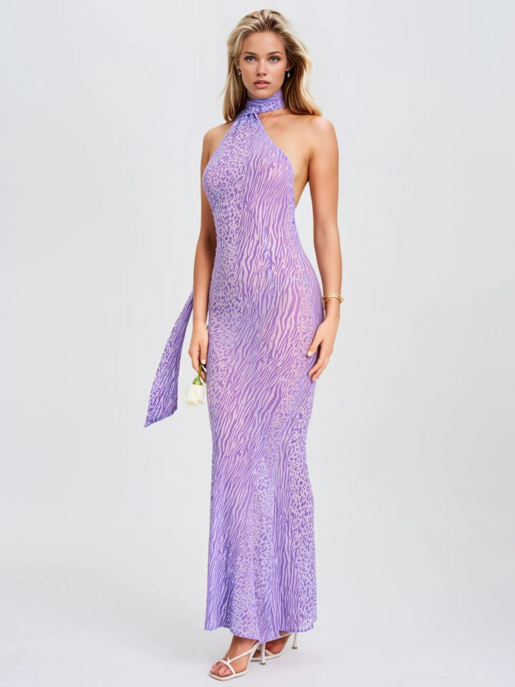 Olena Purple Velvet Animal Print Mesh Halter Maxi Dress - HOUSE OF SHE