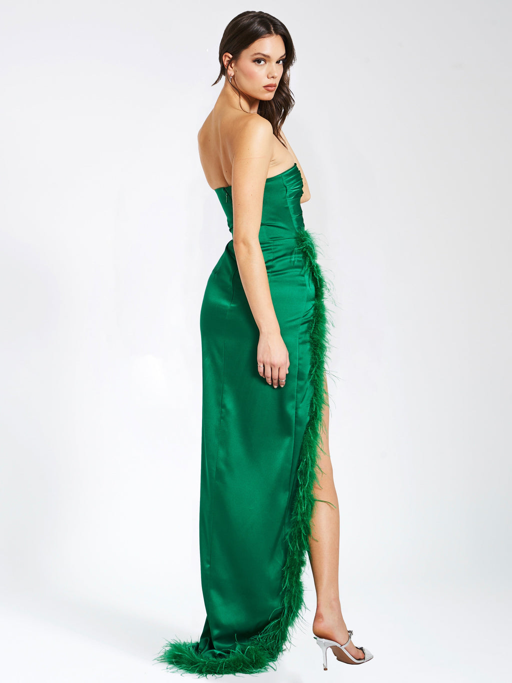 Perrin Emerald Green Feather Dress High Slit Gown - HOUSE OF SHE