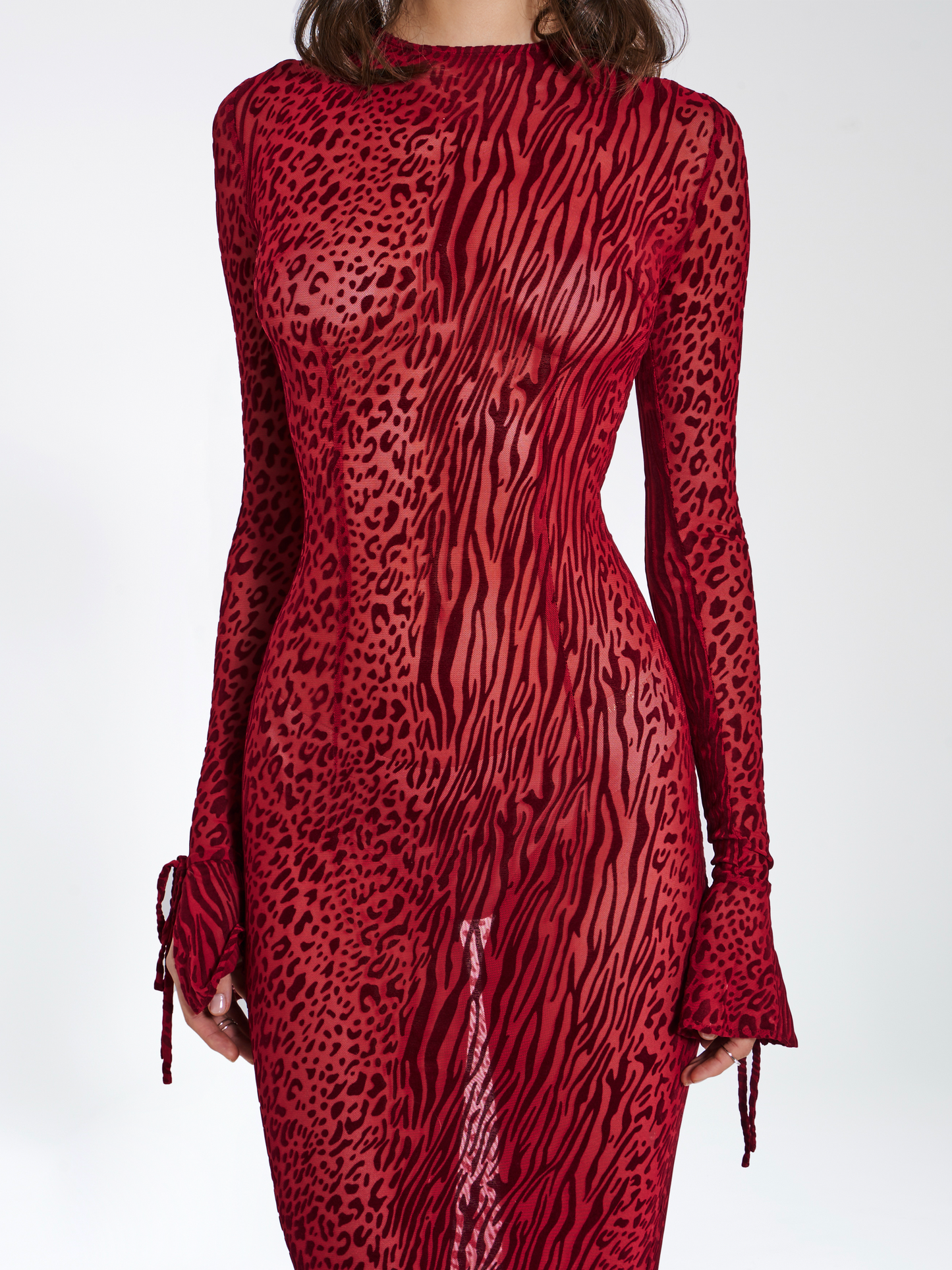 Dolma  Red Velvet Detail Mesh Maxi Dress