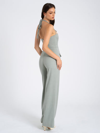 Zaria Sage Green Wide Leg Halter Jumpsuit  HOUSE OF SHE