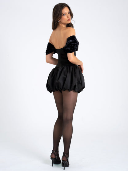 Gabby Black Velvet Top Bubble Hem Mini Dress