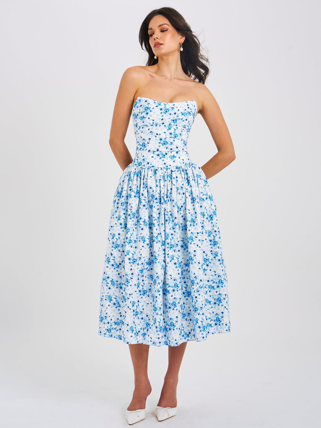 Paloma Blue Print Linen Corset Draping Top Midi Dress - HOUSE OF SHE