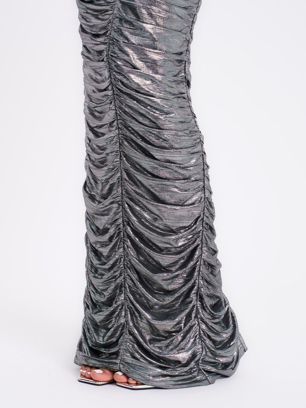 Abril Ruched Silver Glitter Backless Gown - HOUSE OF SHE