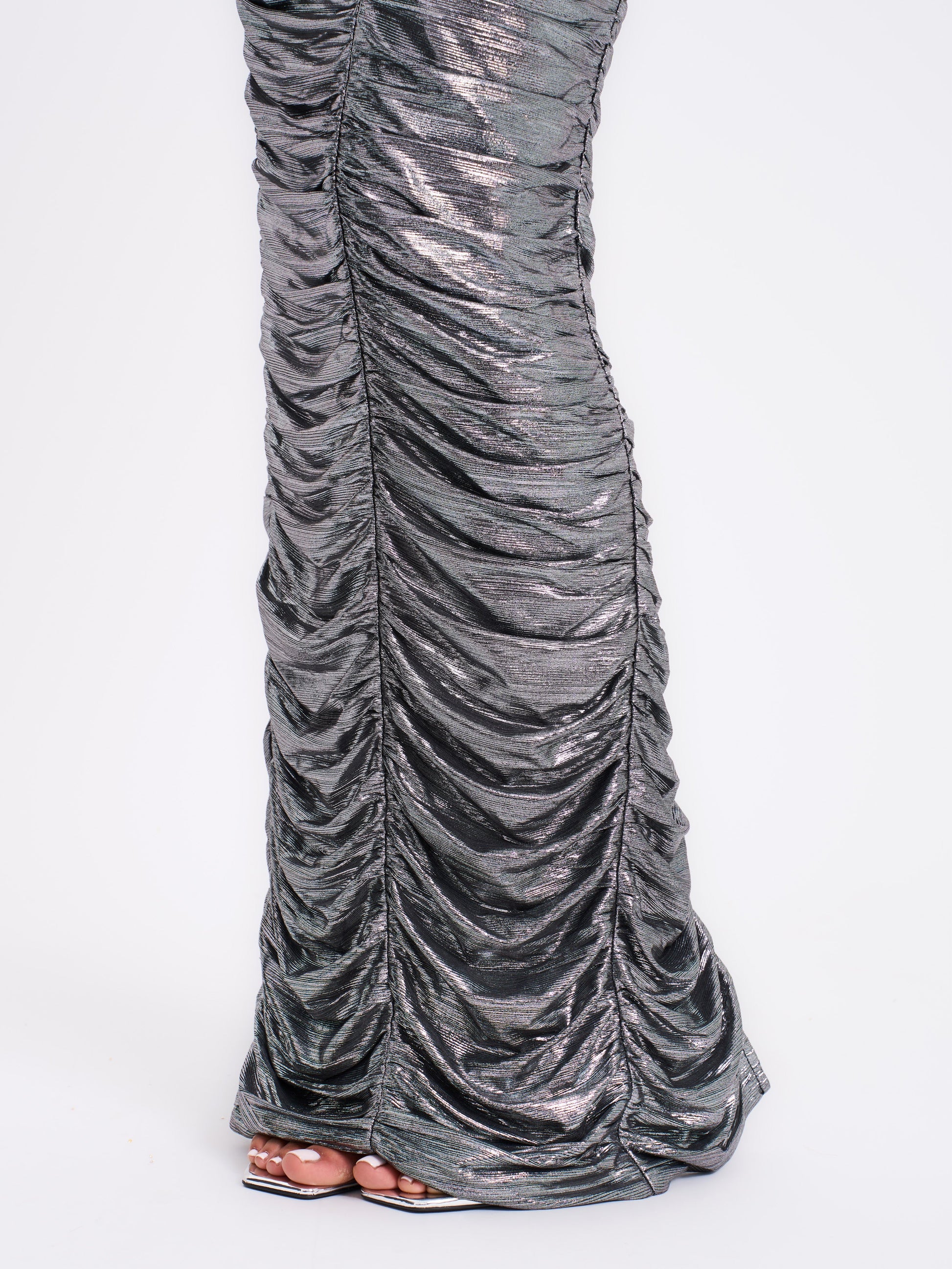 Abril Ruched Silver Glitter Backless Gown - HOUSE OF SHE