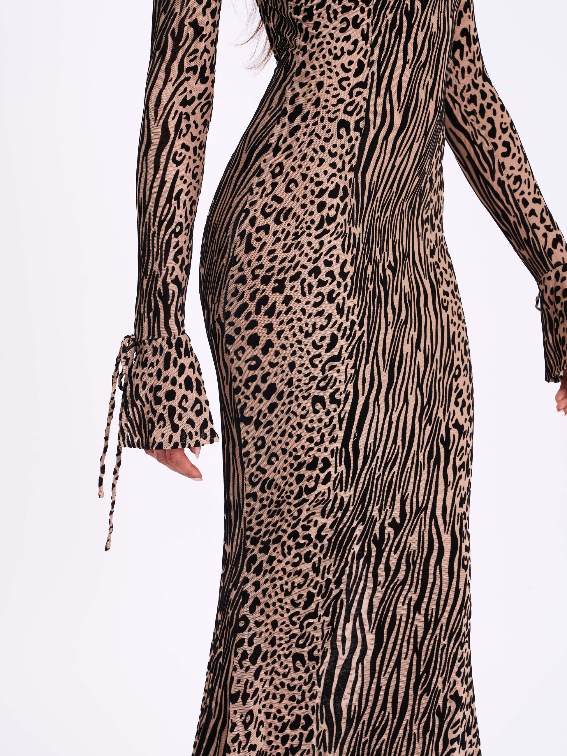 Waylynn Nude Black Animal Print Burnout Velvet Detail Mesh Backless Maxi Dress - HOUSE OF SHE