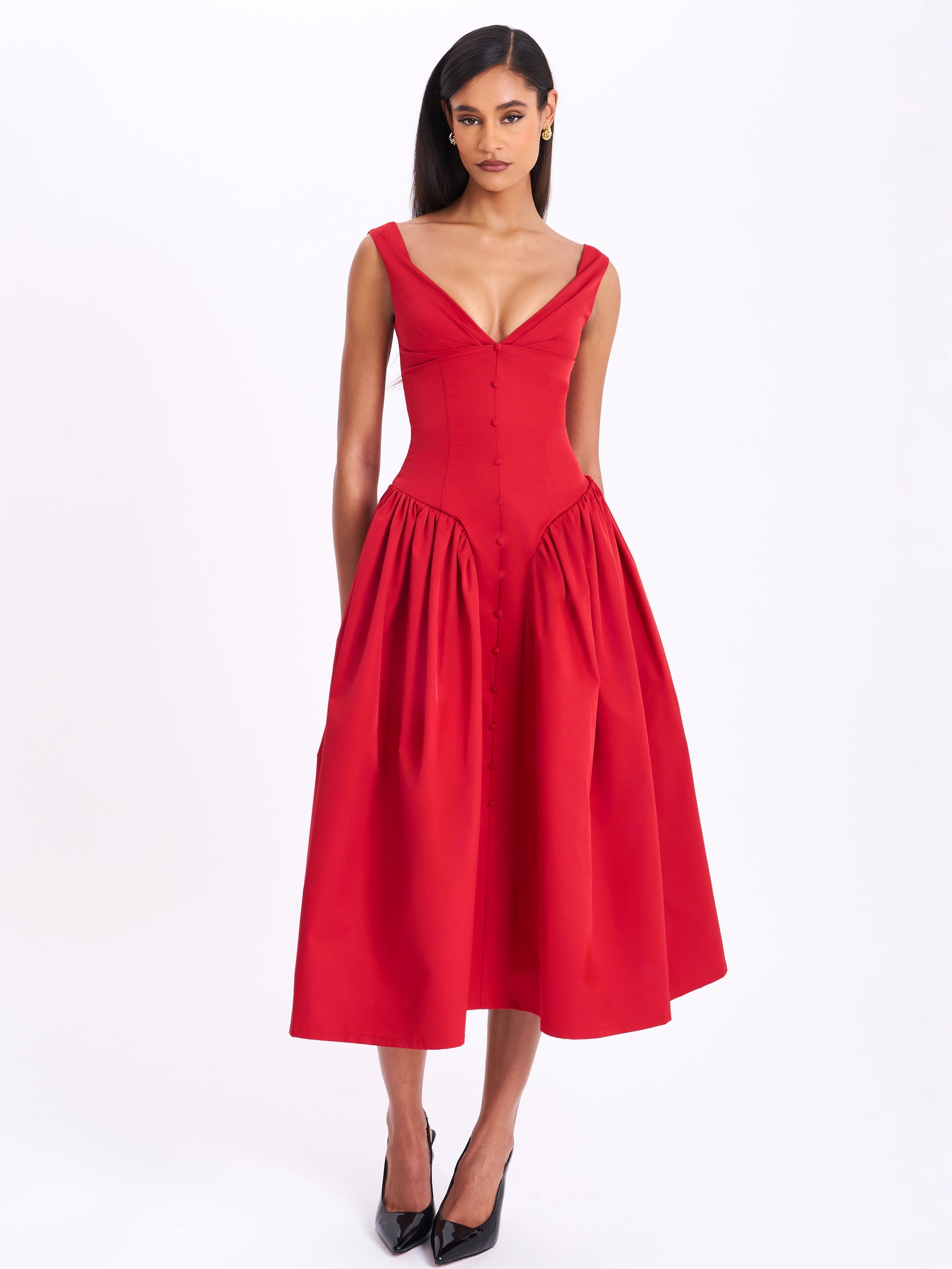 Nahla Red Drop Waist Midi Dress with Buttons - HOUSE OF SHE