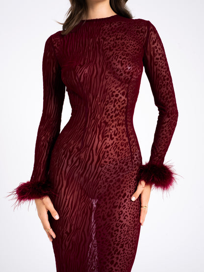 Patricia Burgundy Leopard Burnout Velvet Mesh Backless Maxi Dress