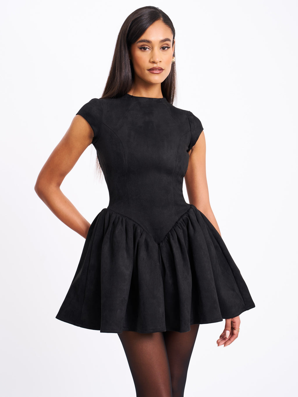 Jacqueline Backless Black Mini Puffy Suede Dress  HOUSE OF SHE