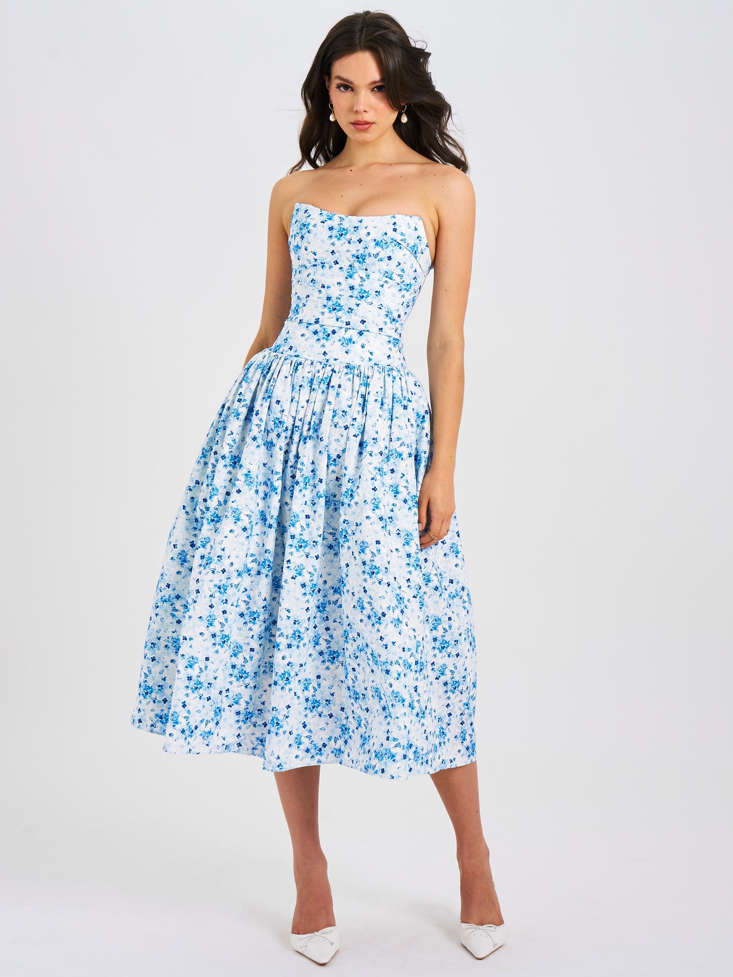 Paloma Blue Print Linen Corset Draping Top Midi Dress