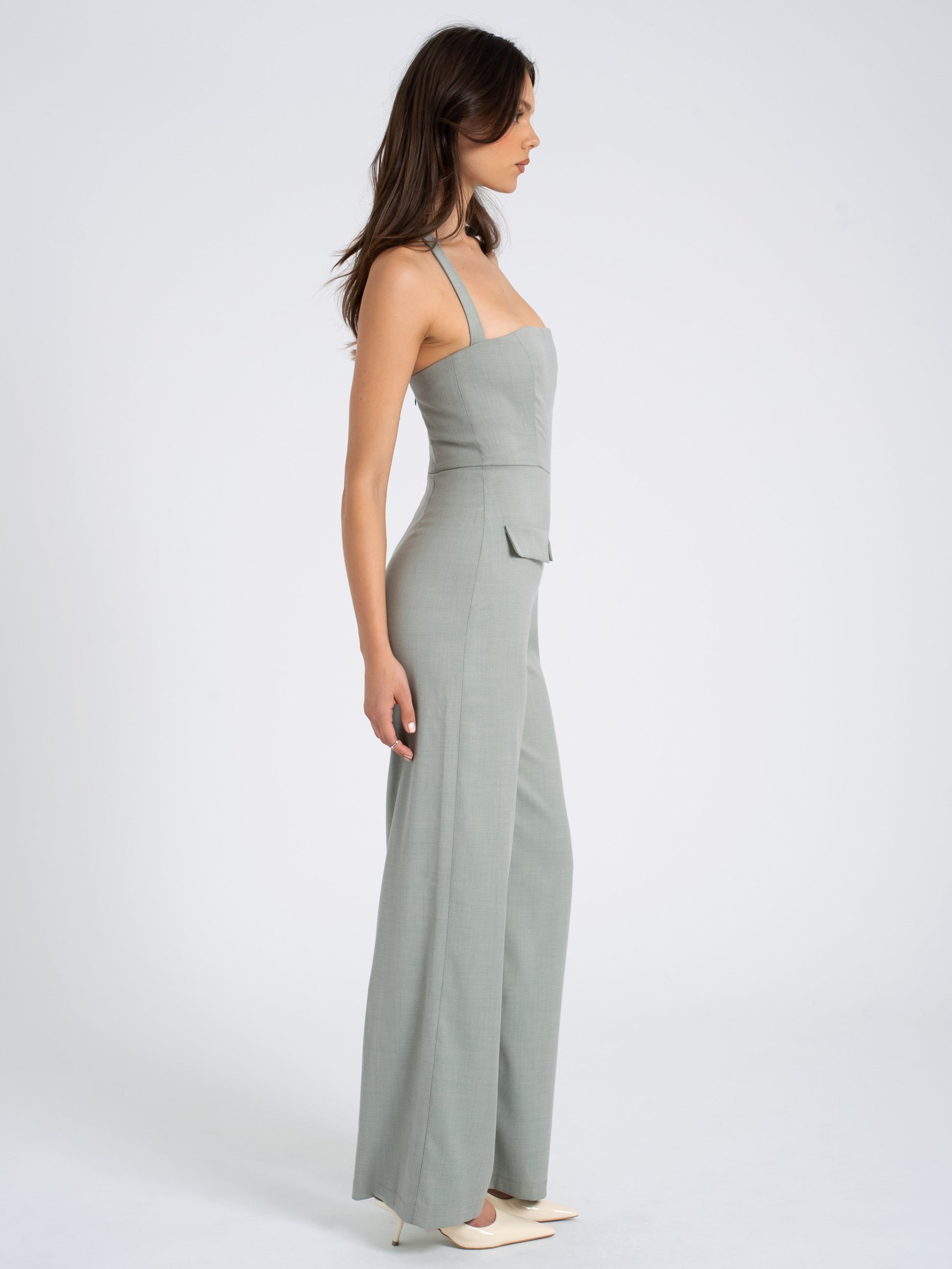 Zaria Sage Green Wide Leg Halter Jumpsuit  HOUSE OF SHE