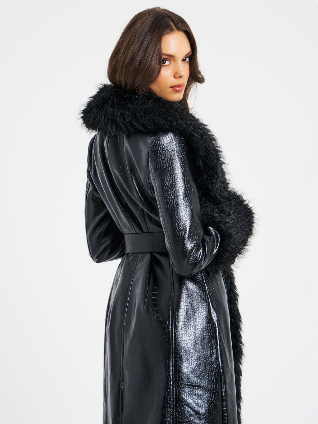 Zella Black Fur Vegan Croc Leather Coat