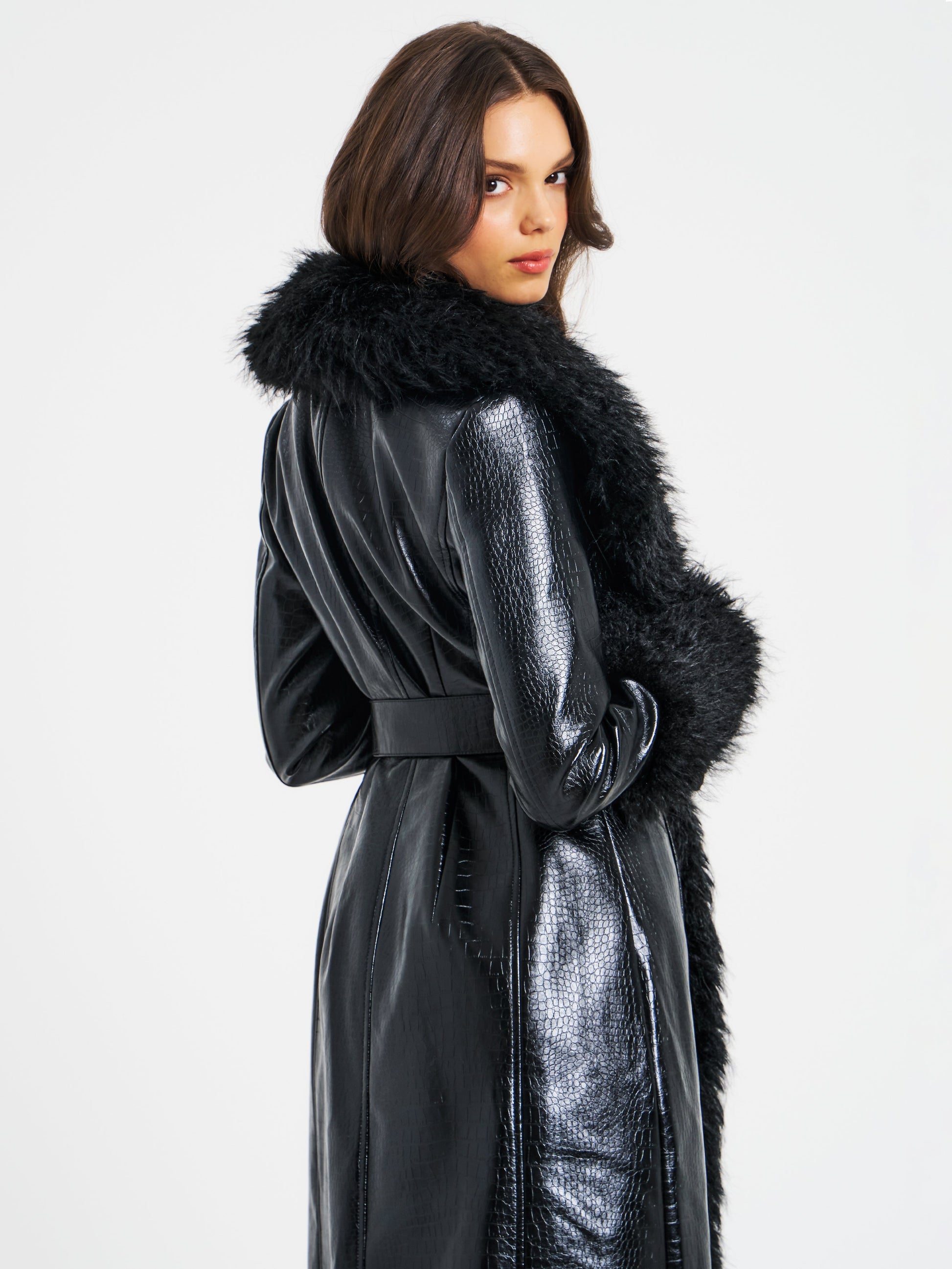 Zella Black Fur Vegan Croc Leather Coat