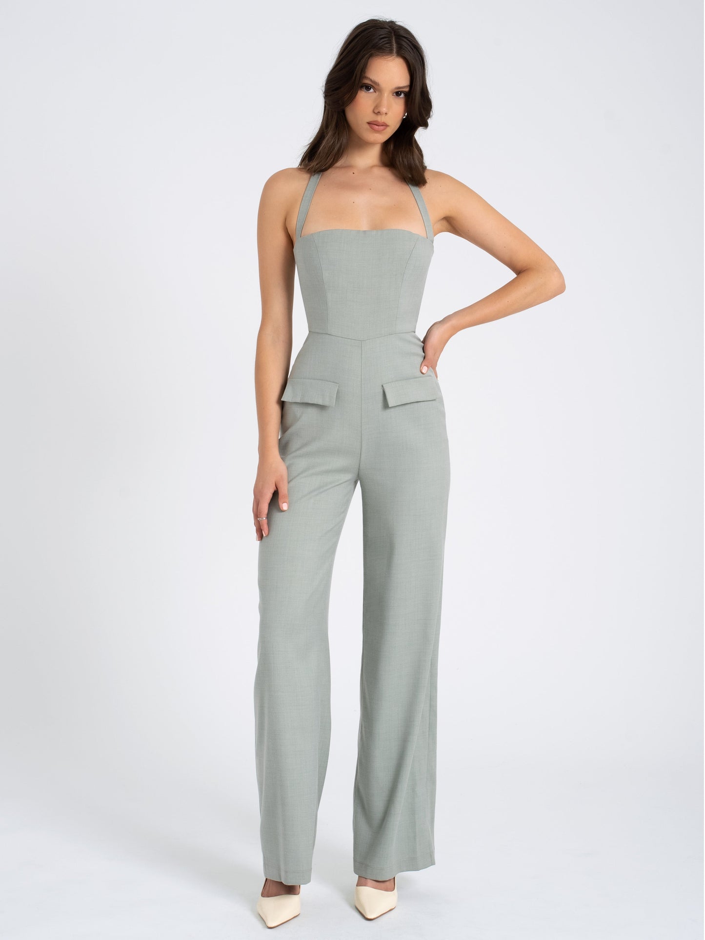 Zaria Sage Green Wide Leg Halter Jumpsuit  HOUSE OF SHE