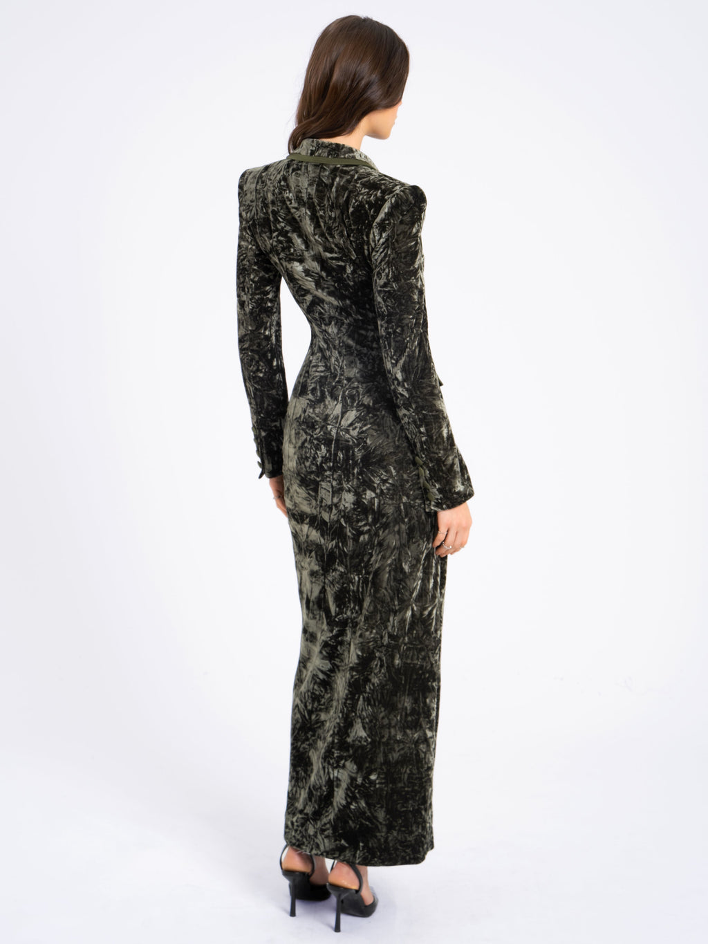 Willow Green Glossy Velvet High Slit Blazer Gown - HOUSE OF SHE