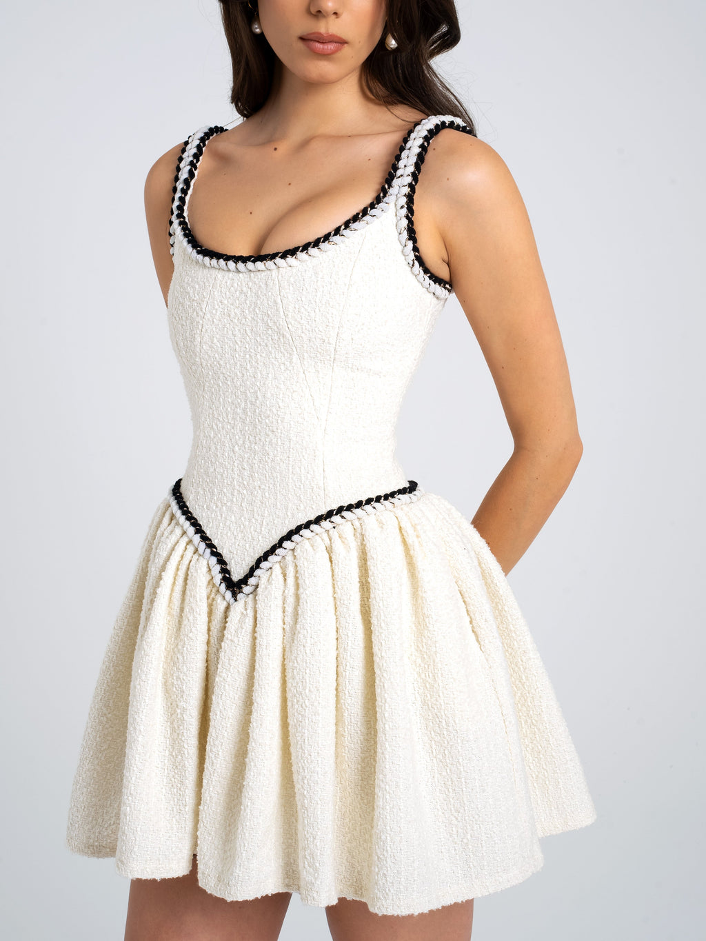 Coco White Boucle Tweed V Waist Mini Dress - HOUSE OF SHE