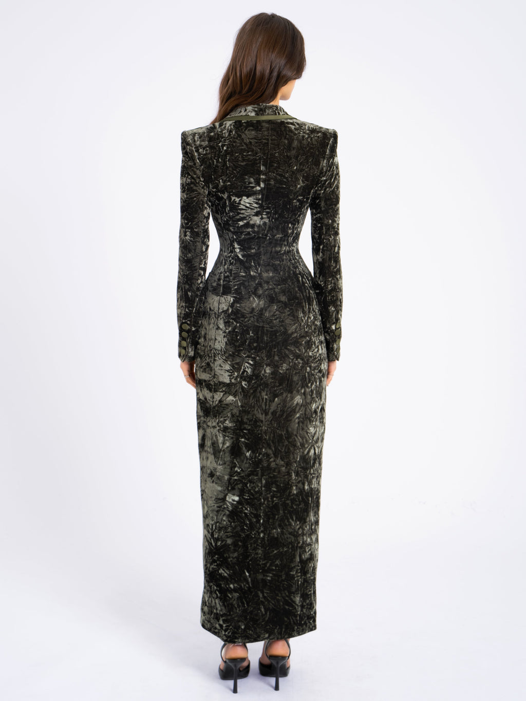 Willow Green Glossy Velvet High Slit Blazer Gown - HOUSE OF SHE