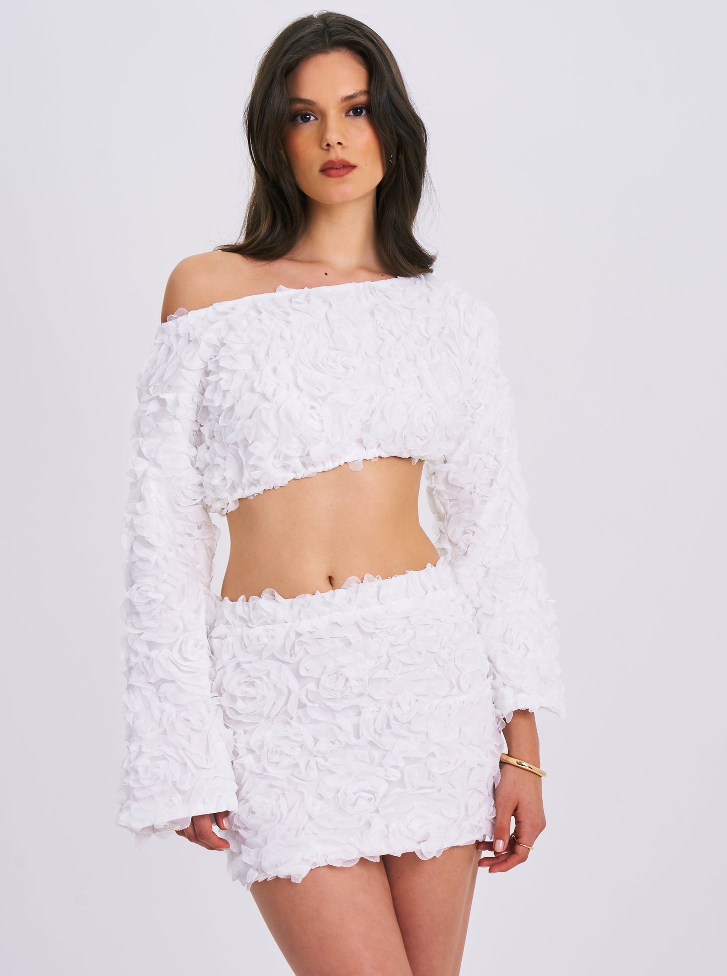 Qiana White Floral Appliqué Long Sleeve Off Shoulder Crop Top