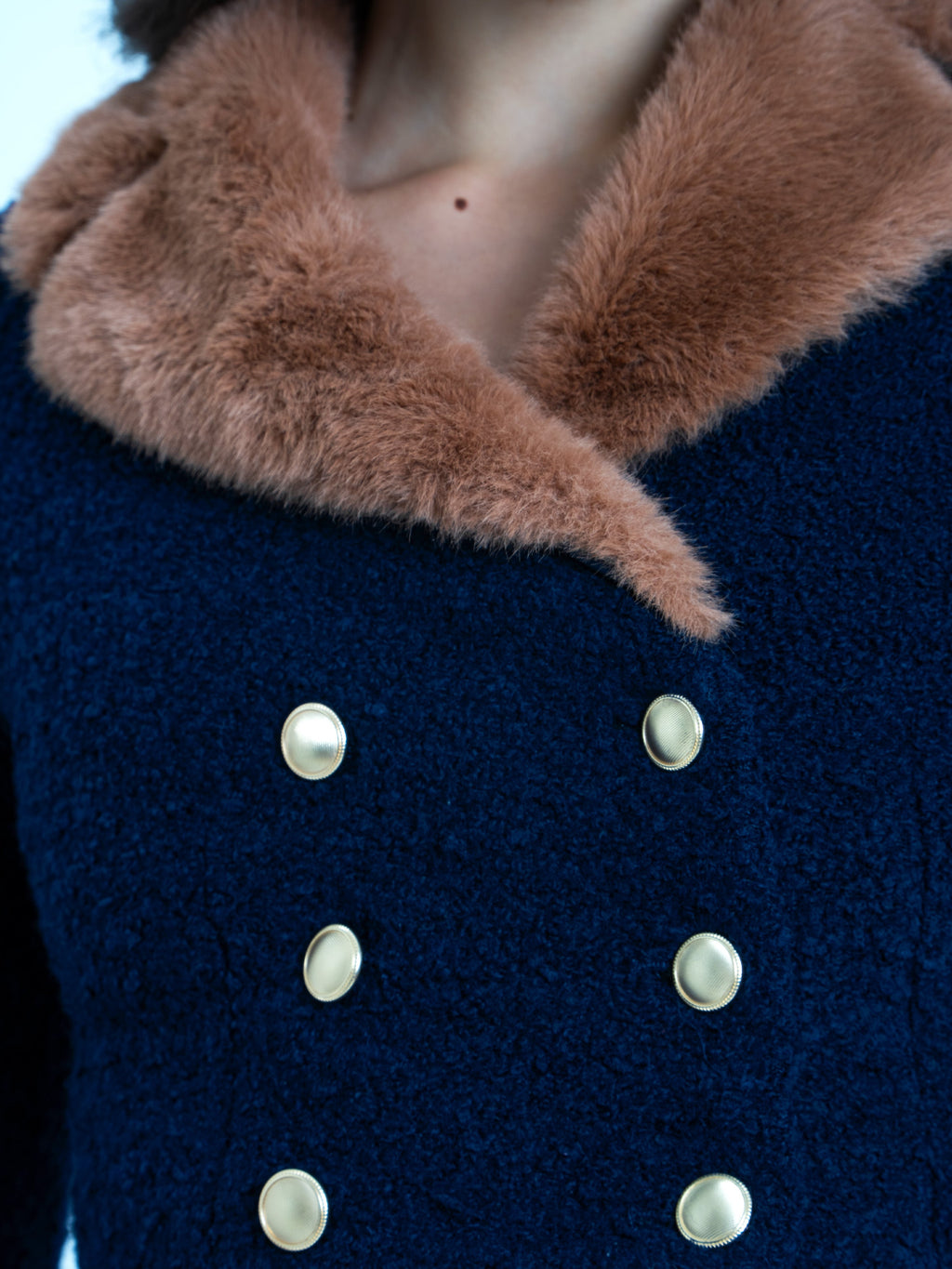 Wava Navy Blue Fur Cropped Boucle Wool Jacket - HOUSE OF SHE