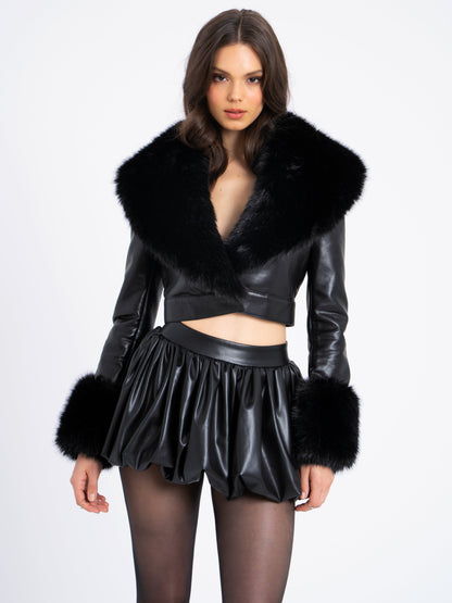 Ziah Cropped Leather Jacket with Fur Collar