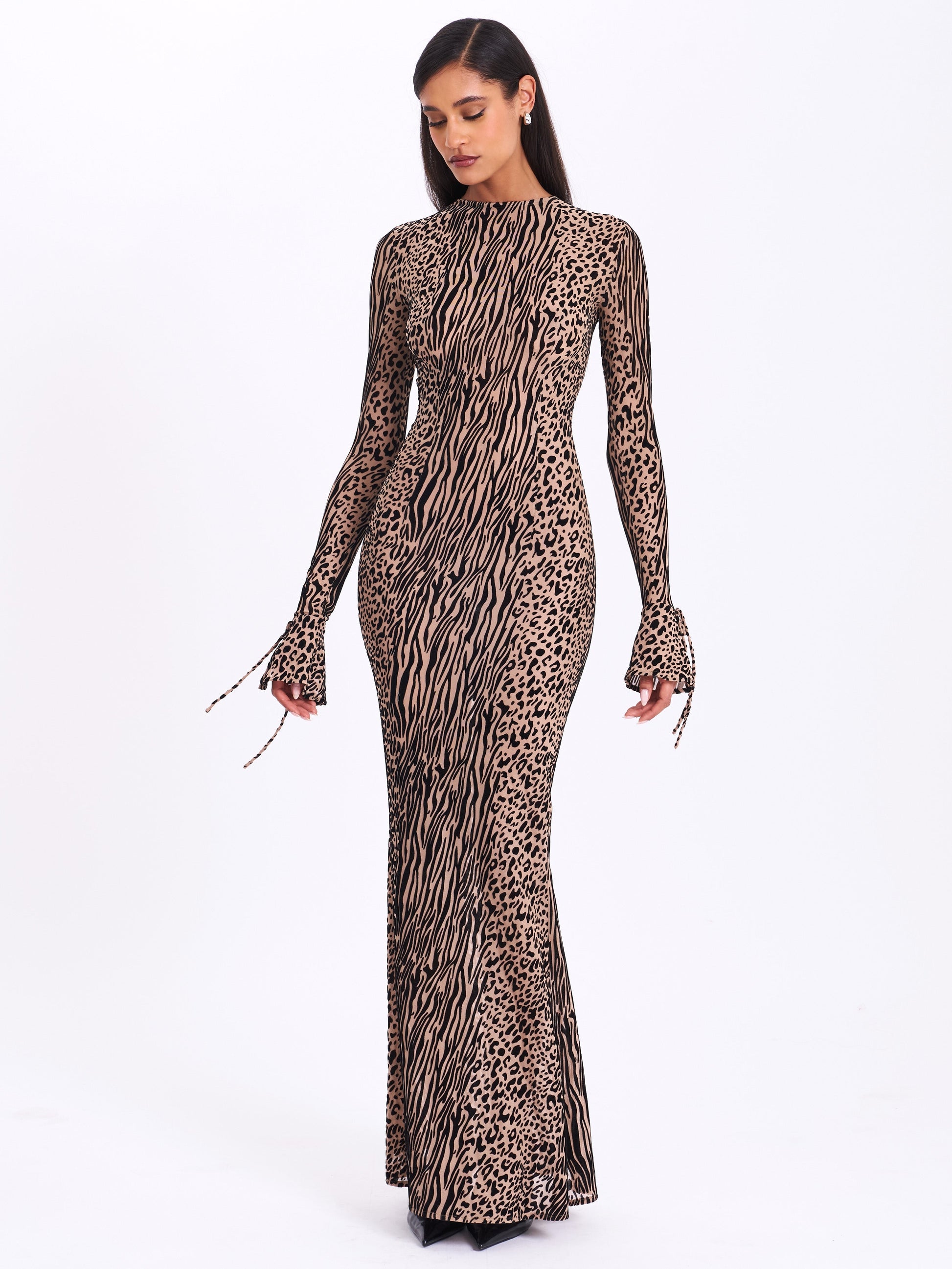 Waylynn Nude Black Animal Print Burnout Velvet Detail Mesh Backless Maxi Dress - HOUSE OF SHE