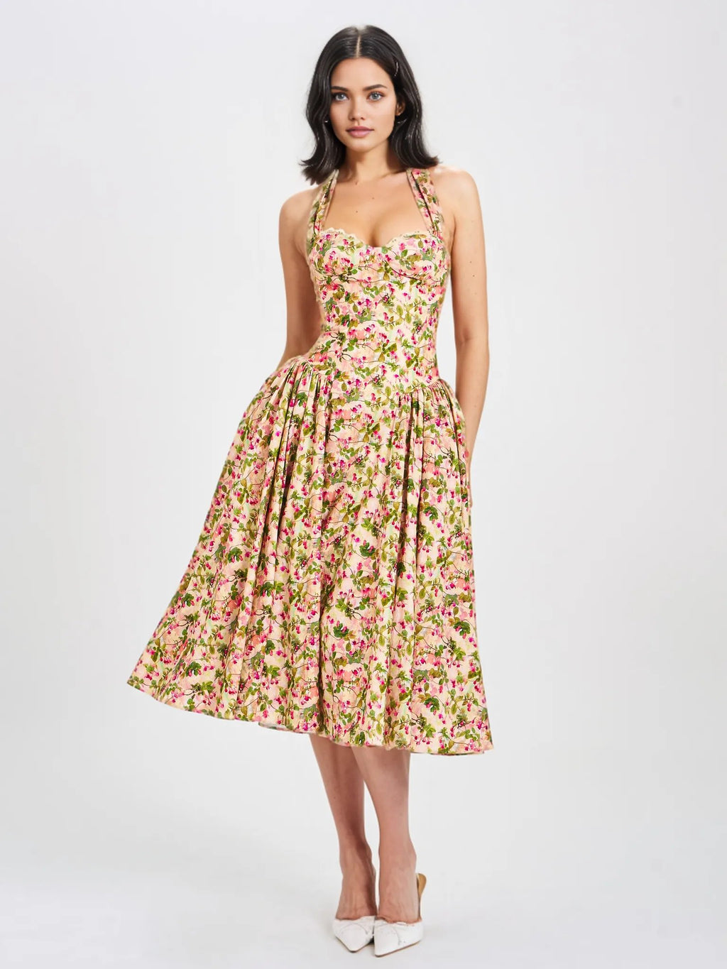 Miya Floral Linen Halter Corset Maxi Dress - HOUSE OF SHE