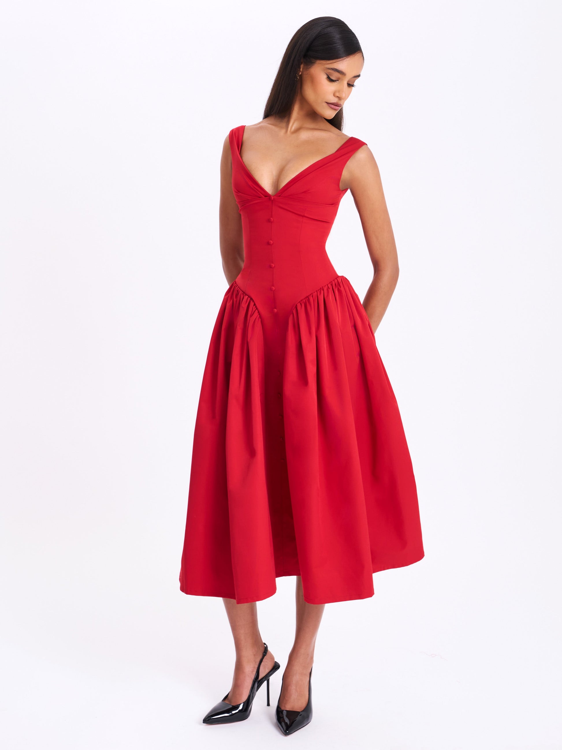 Nahla Red Drop Waist Midi Dress with Buttons - HOUSE OF SHE