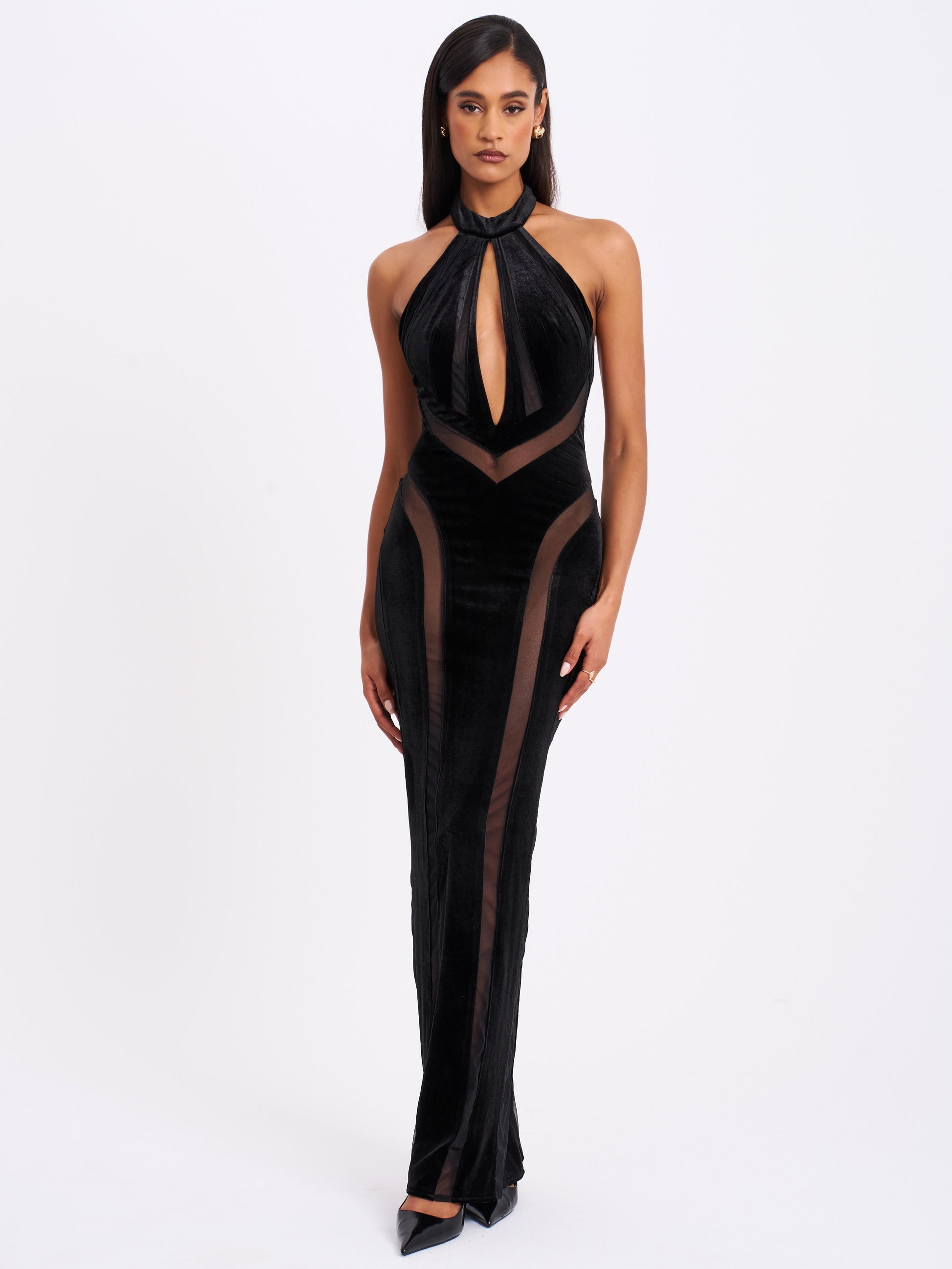 Paityn Black Velvet Mesh Cutout Halter Gown - HOUSE OF SHE