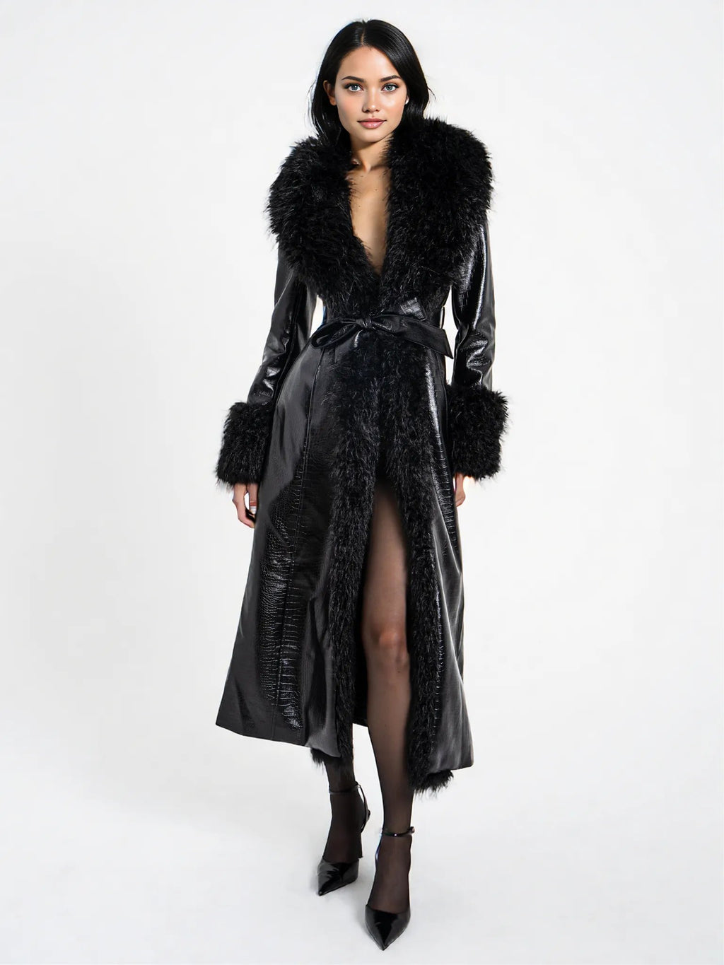 Zella Black Fur Vegan Croc Leather Coat