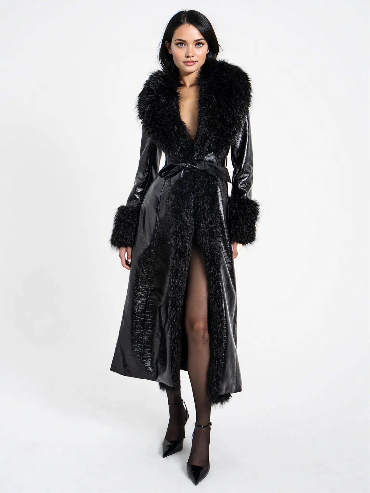 Zella Black Fur Vegan Croc Leather Coat