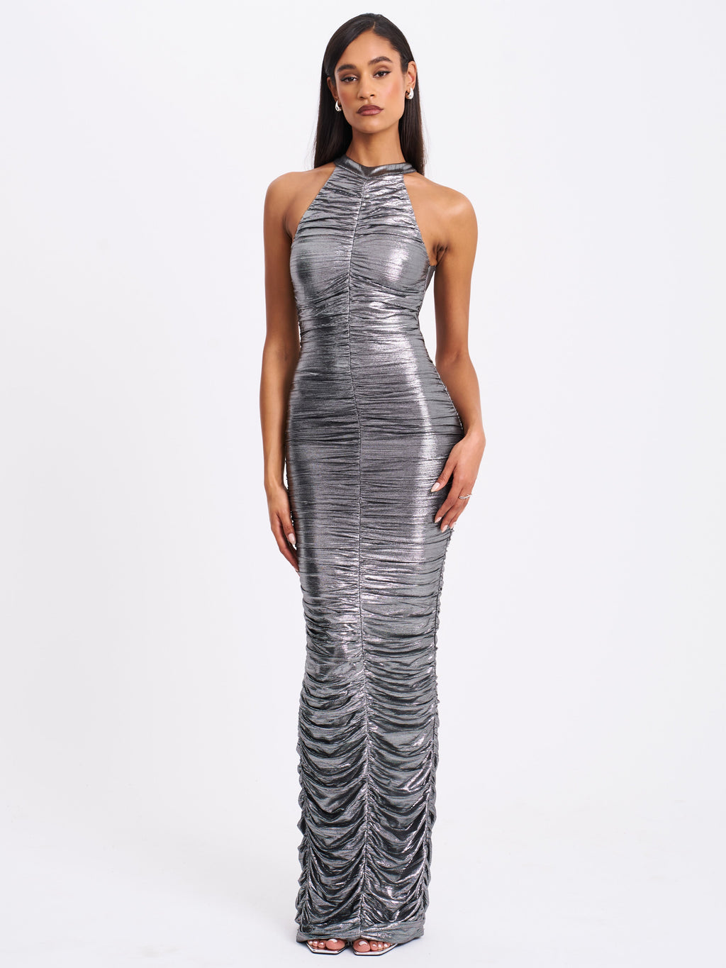Abril Ruched Silver Glitter Backless Gown - HOUSE OF SHE