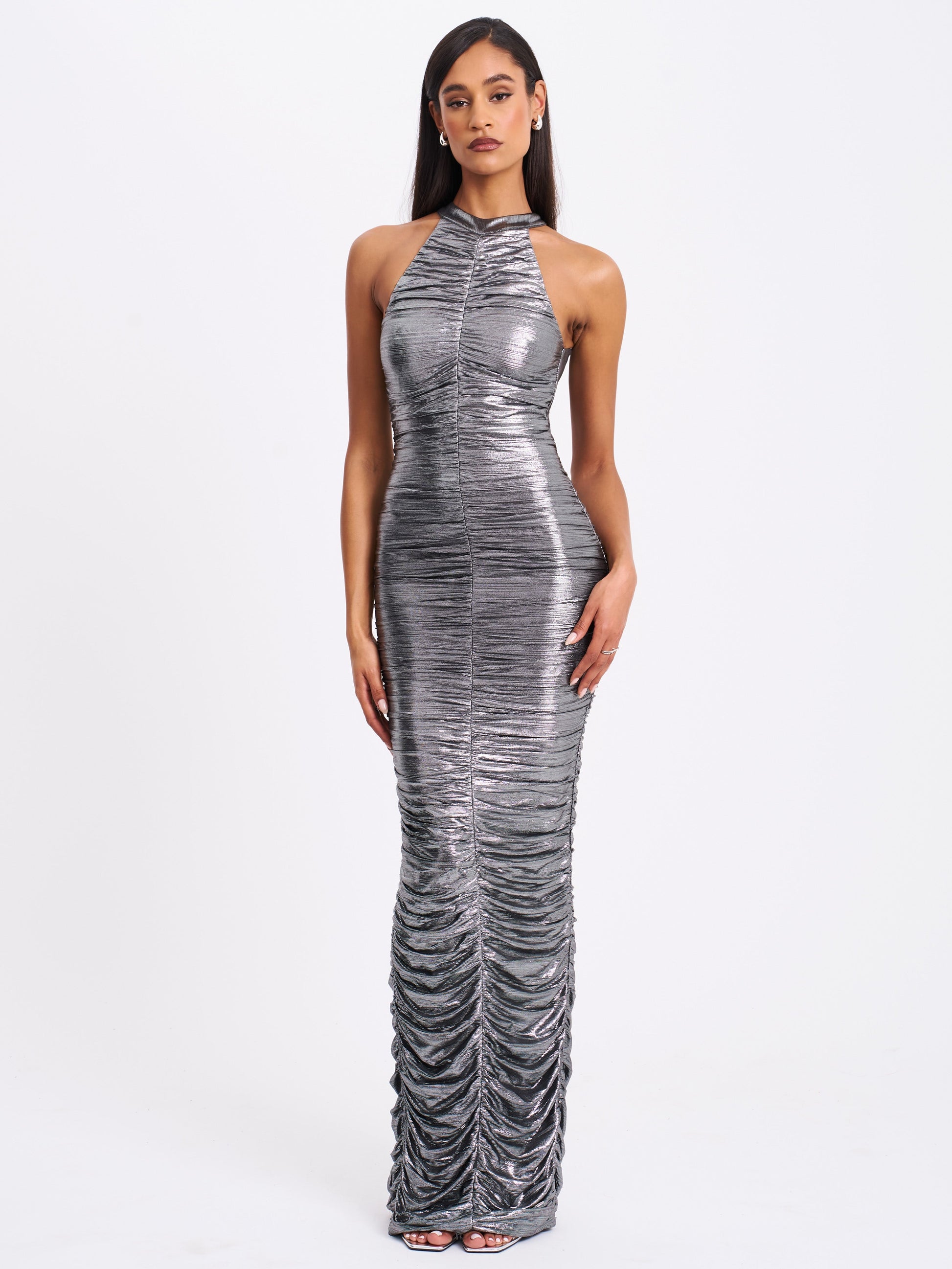 Abril Ruched Silver Glitter Backless Gown - HOUSE OF SHE