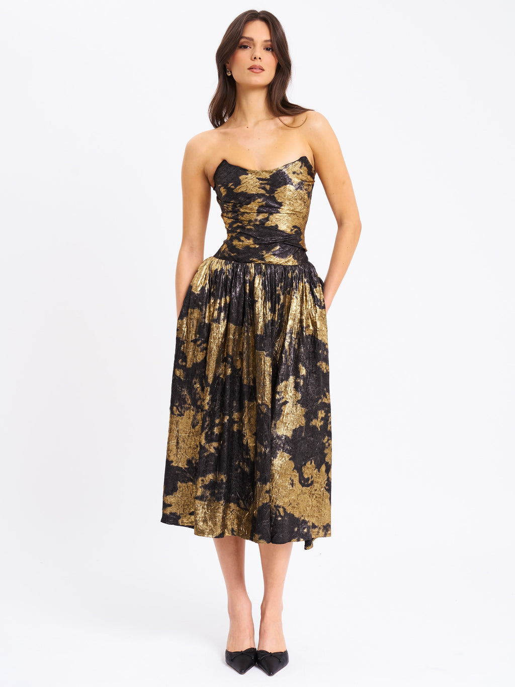 Saanvi Gold Tie Dye Bronzing Strapless Drop Waist Midi Dress  HOUSE OF SHE