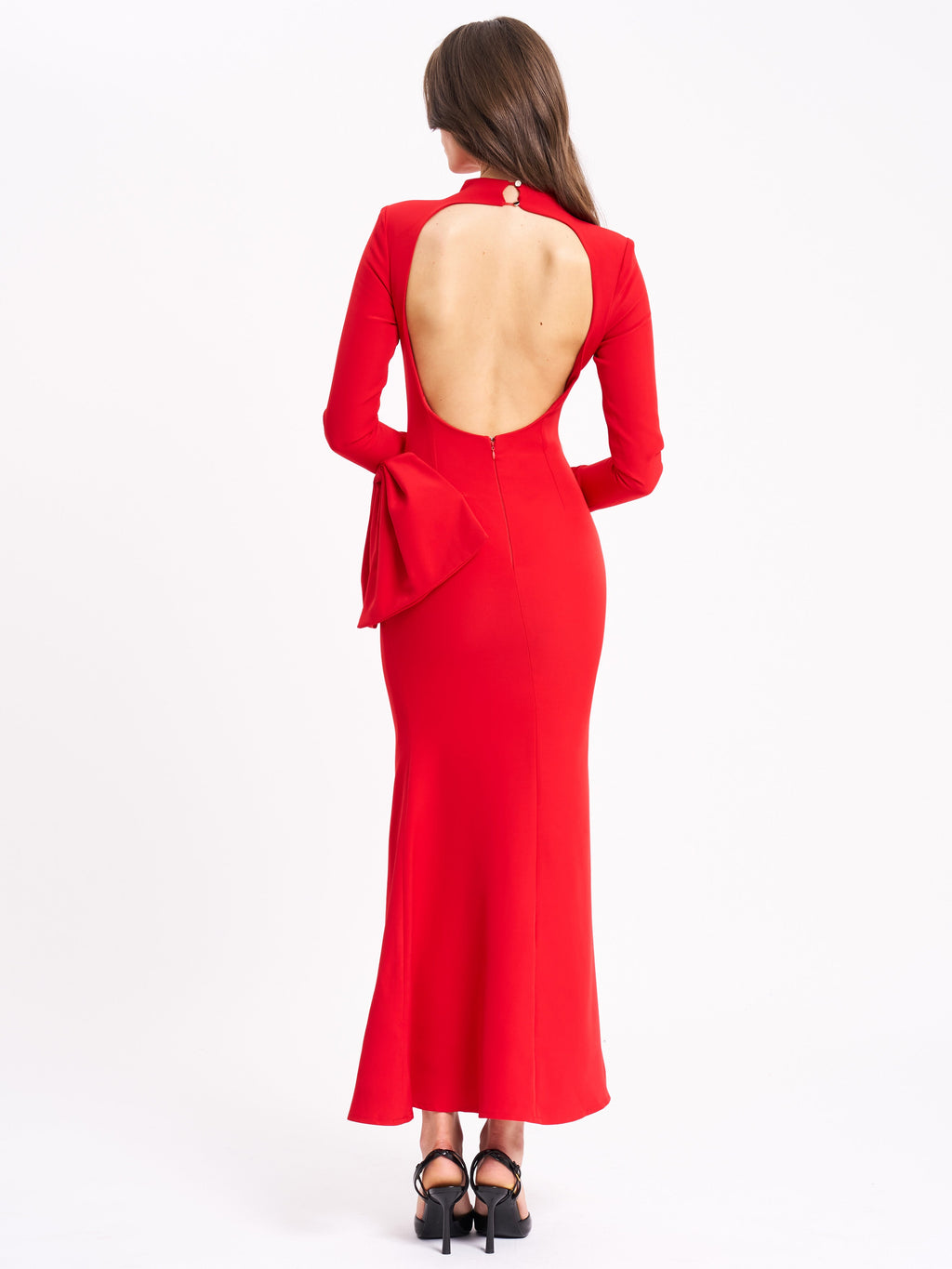 Radha Red Backless Longsleeve Maxi Dress with Bow  HOUSE OF SHE